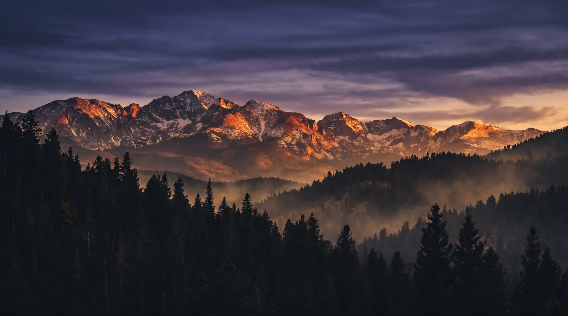 Rocky Mountain peaks near Colorado Springs at sunset